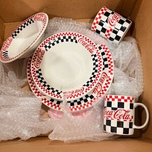 Vintage Coca Cola Red and Black Checkered Dinnerware Set